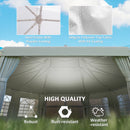 Outdoor canopy tent with text highlighting material and quality features against a blue sky.