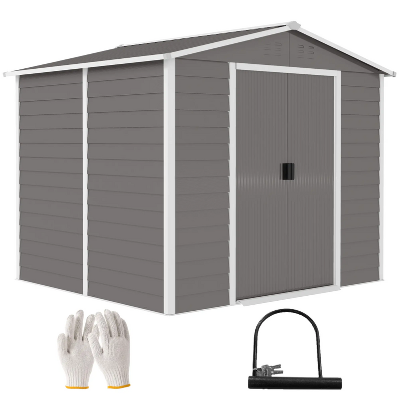 8' x 7' Galvanized Steel Outdoor Storage Shed with Dual Sliding Doors and Floor Frame - Light Grey