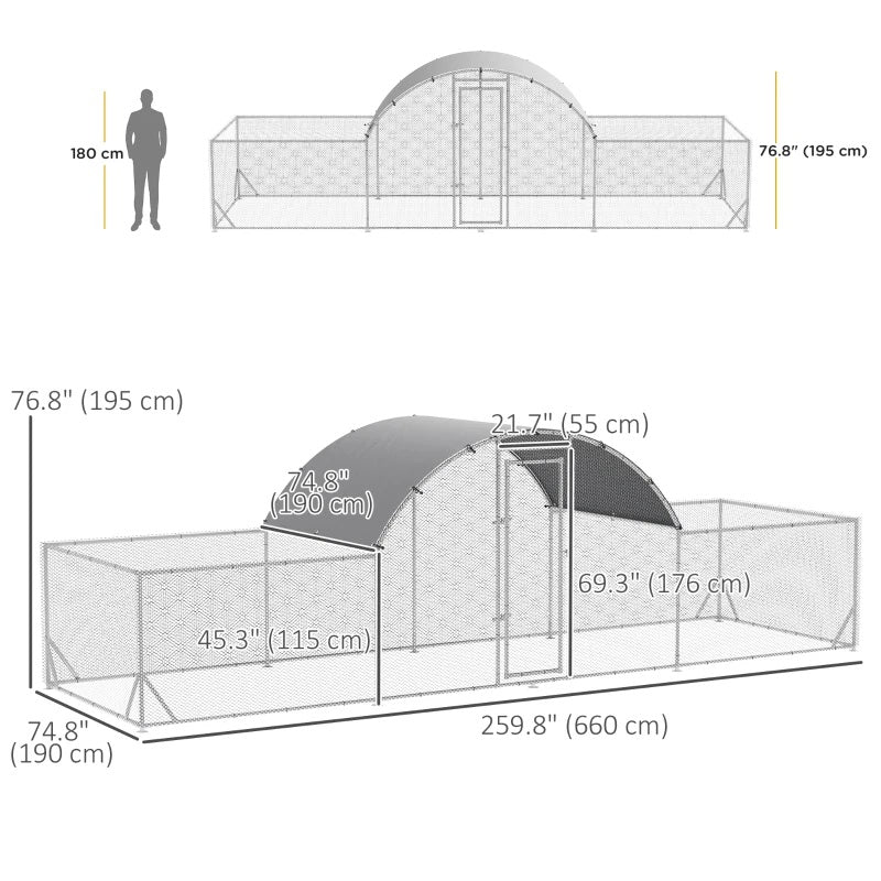 22' x 6' Walk-In Chicken Coop Pen with Rounded Top Walk-in and Low Profile Side Rooms