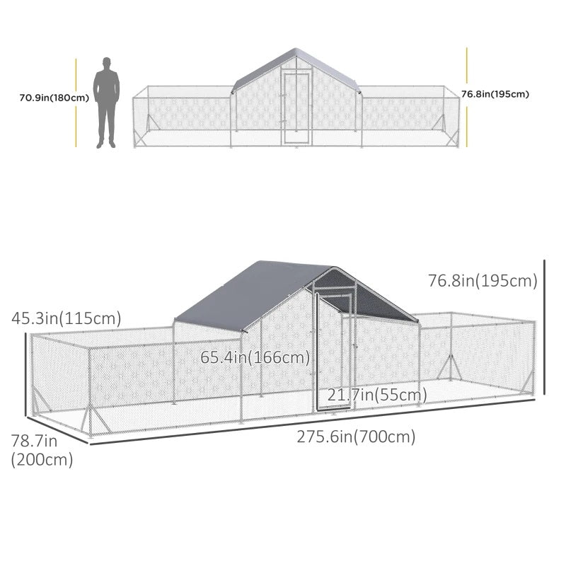 23' x 6.6' Walk-In Chicken Coop Pen with Low Profile Side Rooms and Peaked Top