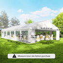 large white party tent with dimensions on a grassy area with trees in the background