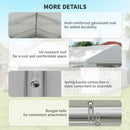 Detailed features of a canopy with text on durability, UV resistance, assembly, and attachment.