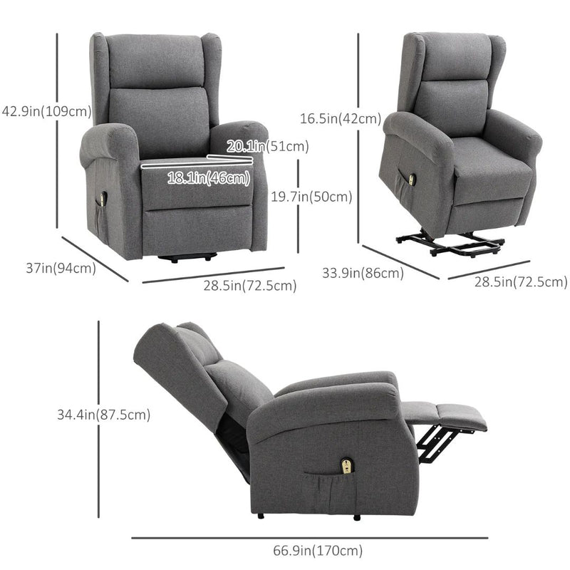 Sling River Wingback Lift Assist Recliner Chair with remote Control - Grey