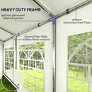Heavy-duty frame structure with labeled components and a view of a garden through the panels.