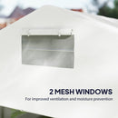 White outdoor canopy with mesh windows for improved ventilation and moisture prevention, blurred background.