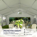 Protective canopy with outdoor furniture and garden view, featuring tear-resistant, UPF30+, and water-resistant properties.