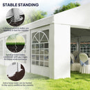 White outdoor canopy tent with stability features explained on a grassy area.