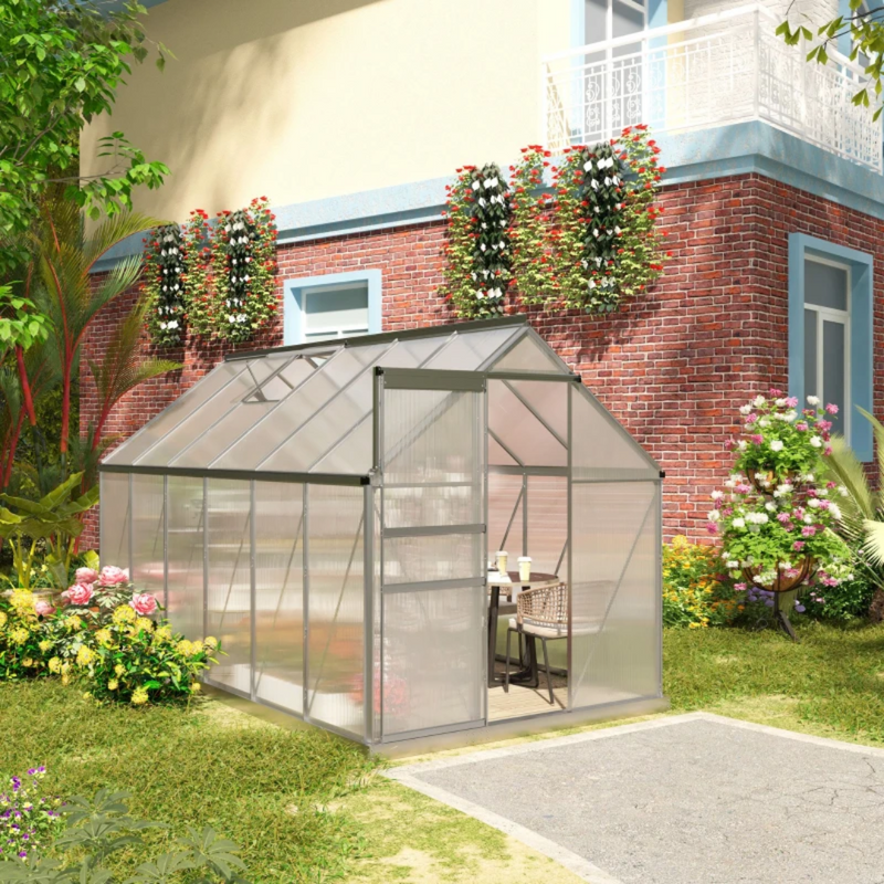 6' x 12' Large Walk-In Greenhouse with Aluminum Frame and Polycarbonate Panels, Sliding Door - Silver