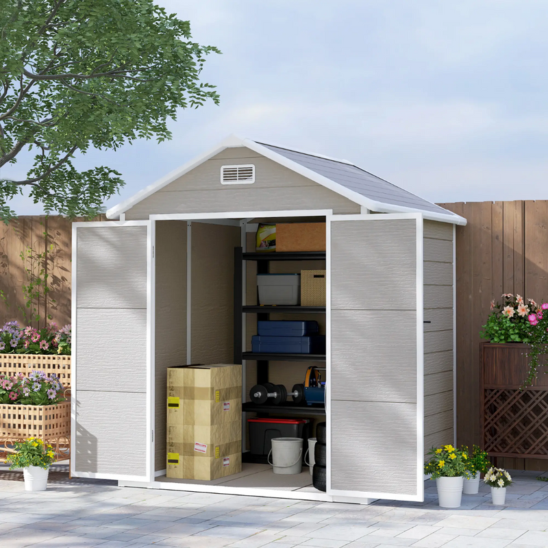 6' x 5' Polypropylene Resin Plastic Outdoor Storage Shed with Two Lockable Doors, Floor - Grey