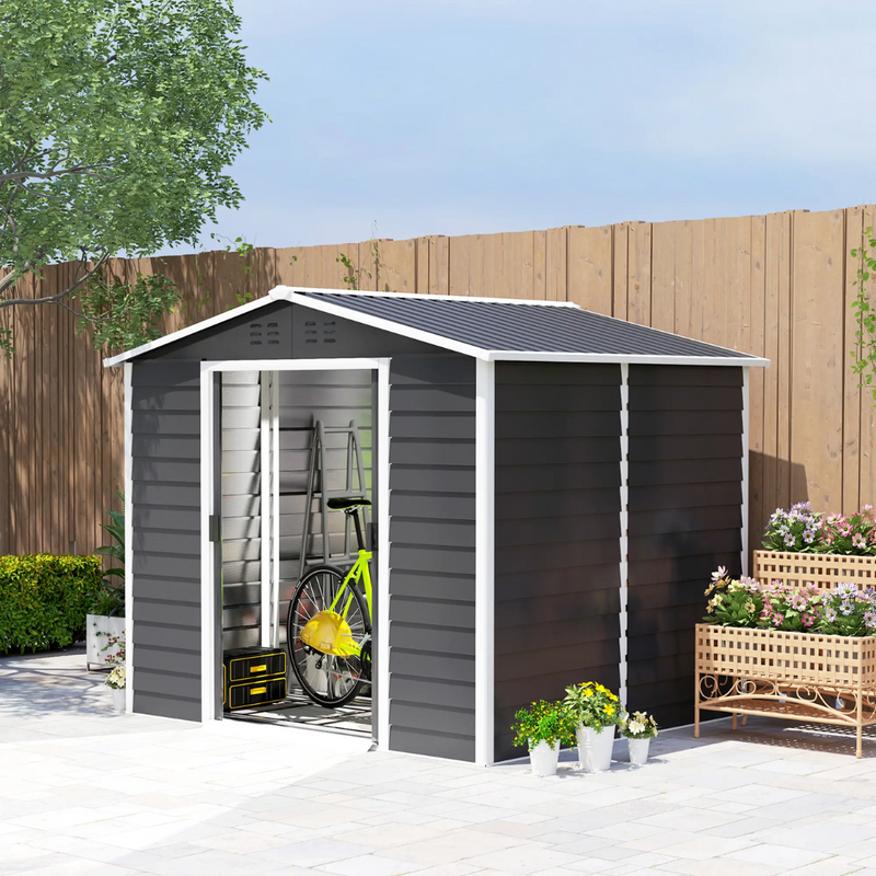 8' x 7' Galvanized Steel Outdoor Storage Shed with Dual Sliding Doors and Floor Frame - Dark Grey