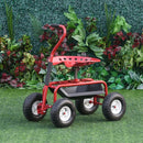 Gardening Accessories, Rolling Garden Scooter Cart with Swivel and Adjustable Seat, Basket and Tool Tray - Red - Seasonal Overstock