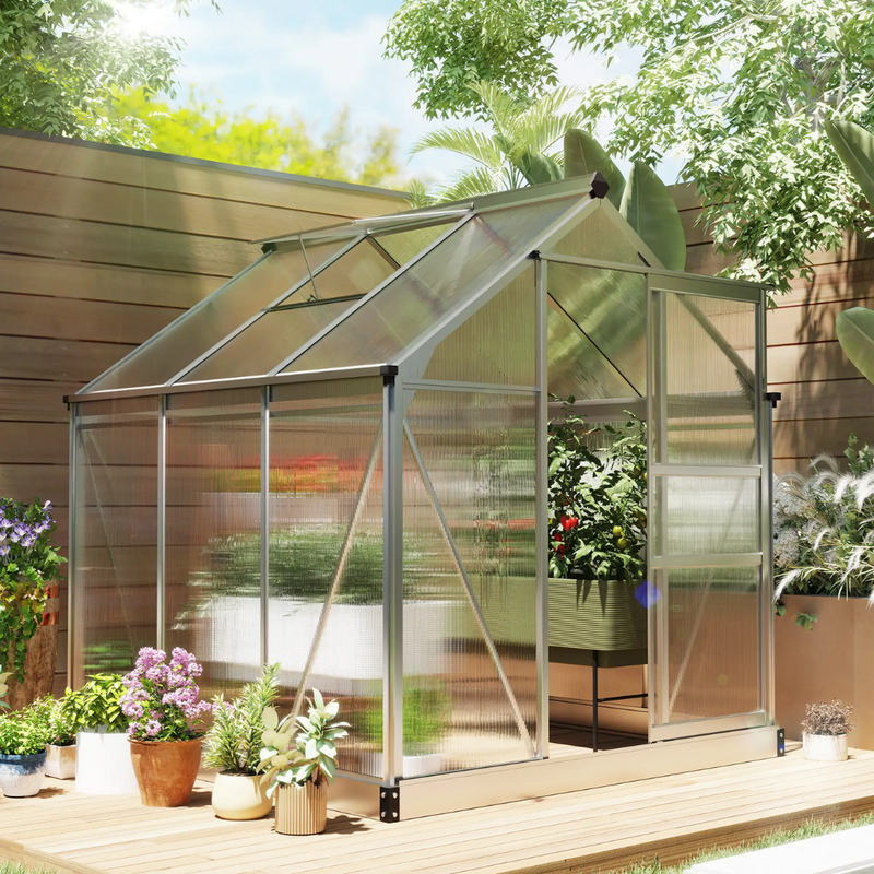 6.2' x 6.3' Walk-In Greenhouse with Aluminum Frame, Polycarbonate Panels, Sliding Door - Silver