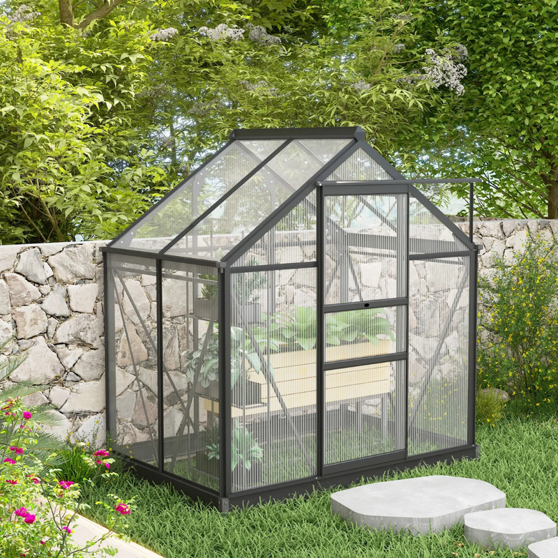 6.2' x 4.3' Walk-In Greenhouse with Aluminum Frame, Polycarbonate Panels and Sliding Door - Grey