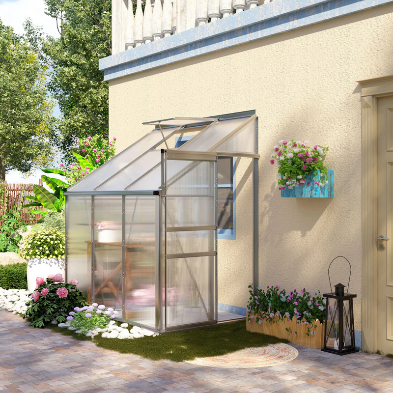 6' x 4' Lean To Walk-In Aluminum Frame Greenhouse with Polycarbonate Panels - Silver