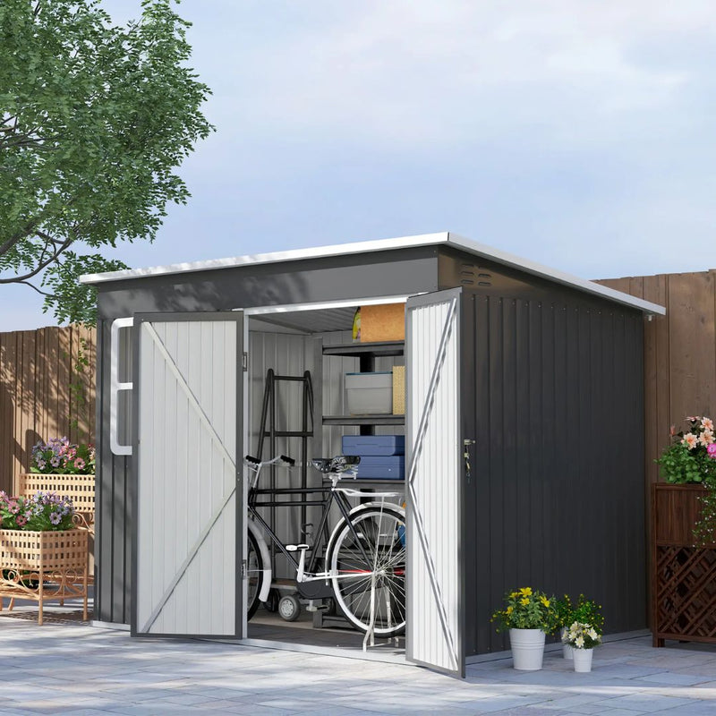 8.5' x 6' Outdoor Garden Storage Shed with 2 Swing Doors and Window - Grey