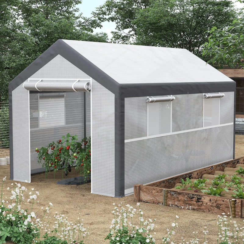 12' x 7' Heavy Duty Walk-In Plastic Cover Garden Greenhouse, Peaked Roof, Steel Frame, White