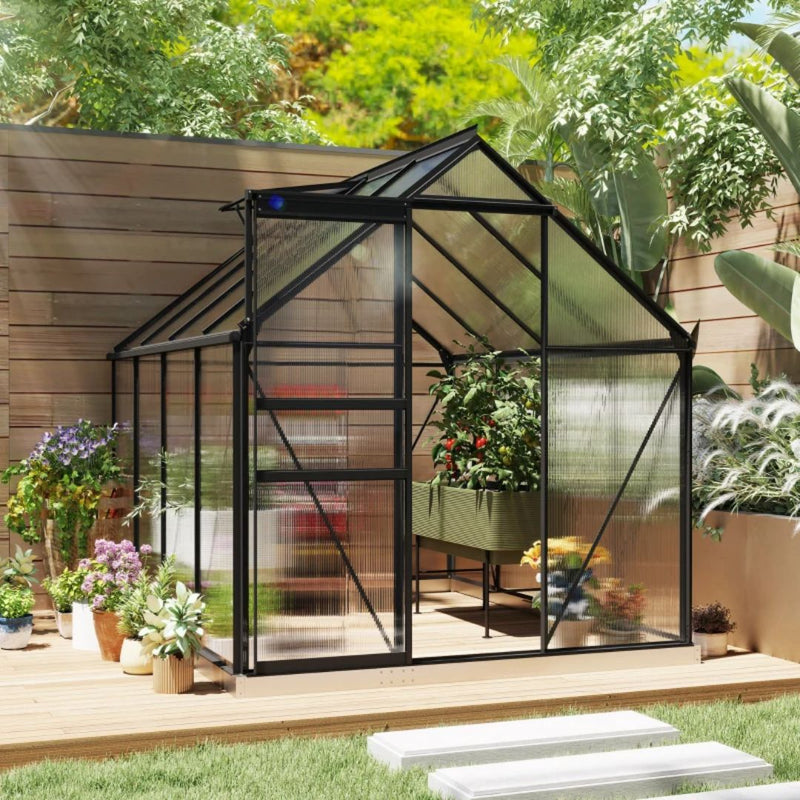 6' x 8' Walk-In Greenhouse with Aluminum Frame and Polycarbonate Panels, Sliding Door - Grey