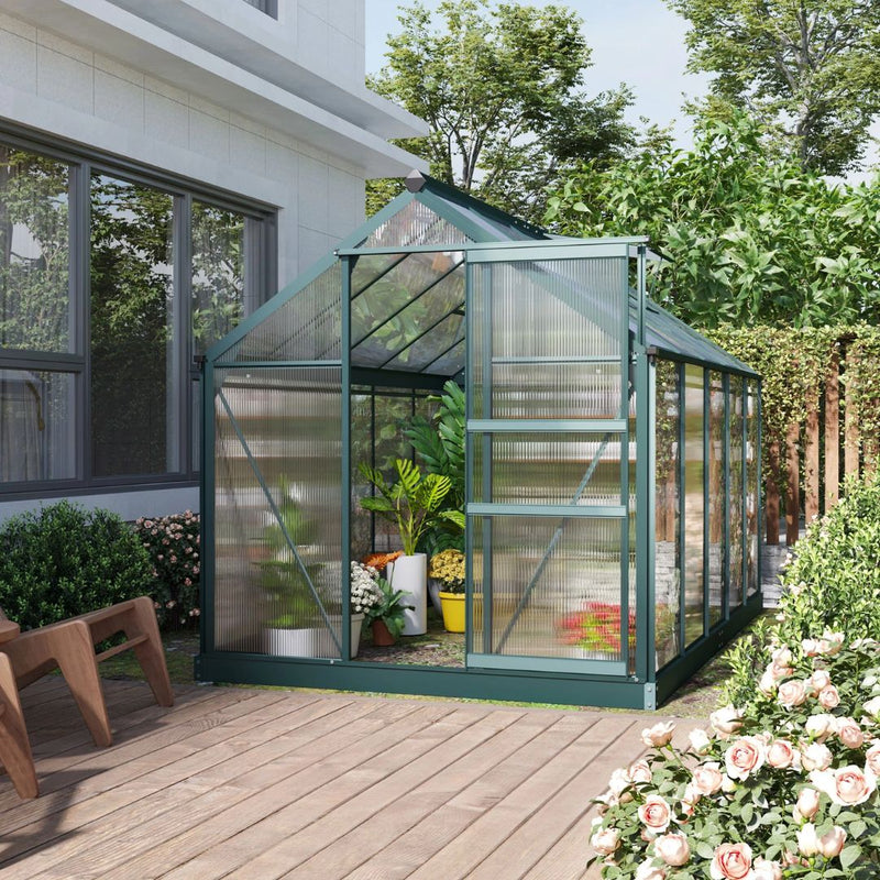 6' x 10' Polycarbonate Walk-in Greenhouse with Aluminum Frame and Sliding Door - Green