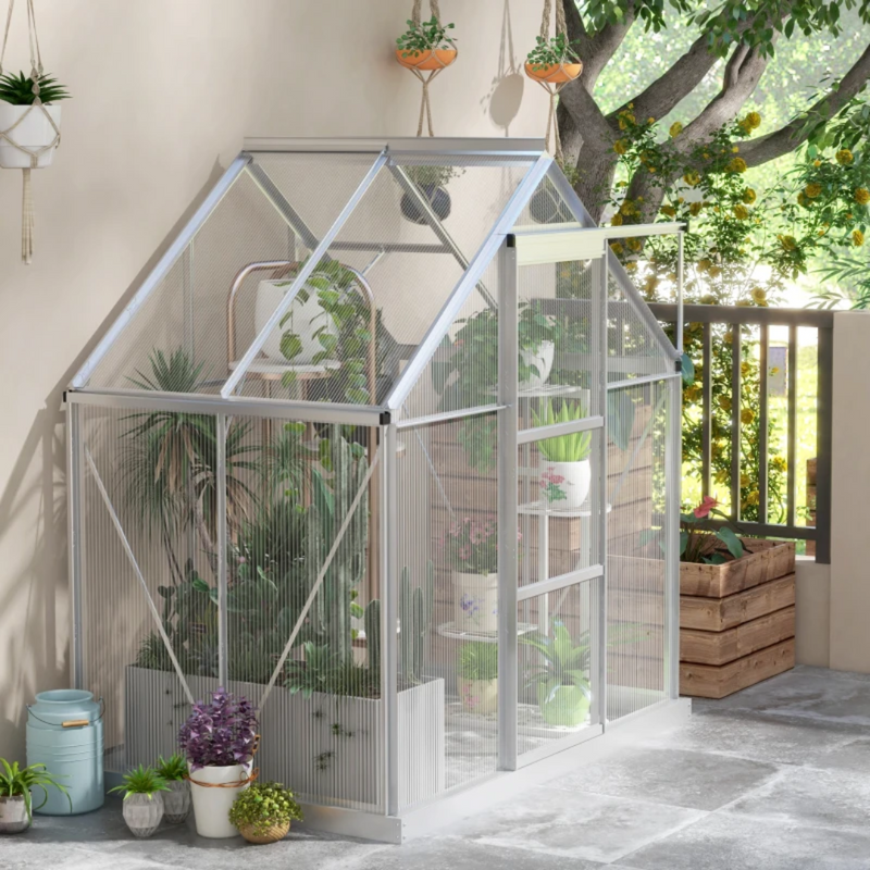 6' x 4' Walk-In Aluminum Frame Greenhouse, Polycarbonate Panels, Sliding Door - Silver