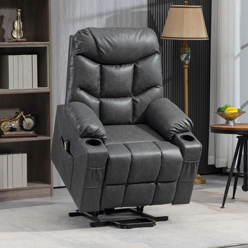 Braxton Bay Electric Lift Assist Recliner Chair with Cup Holders and Remote in Grey Faux Leather