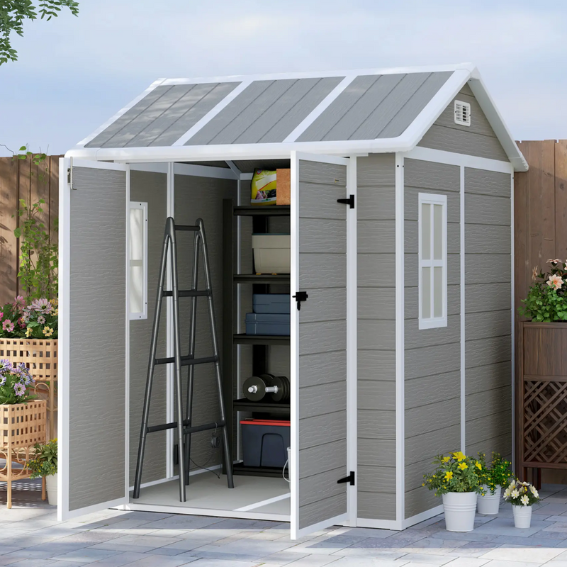 6' x 6' Polypropylene Resin Plastic Garden Shed with Dual Swing Doors - Grey