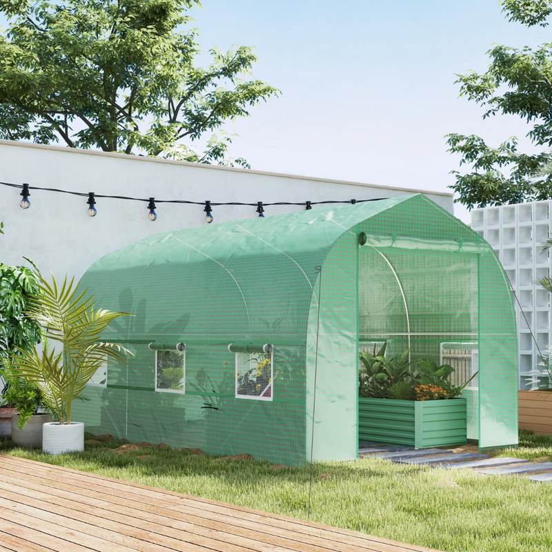 6.6' x 11.4' Walk-In Portable Plastic Cover Garden Greenhouse, Peaked Roof, Steel Frame, Green