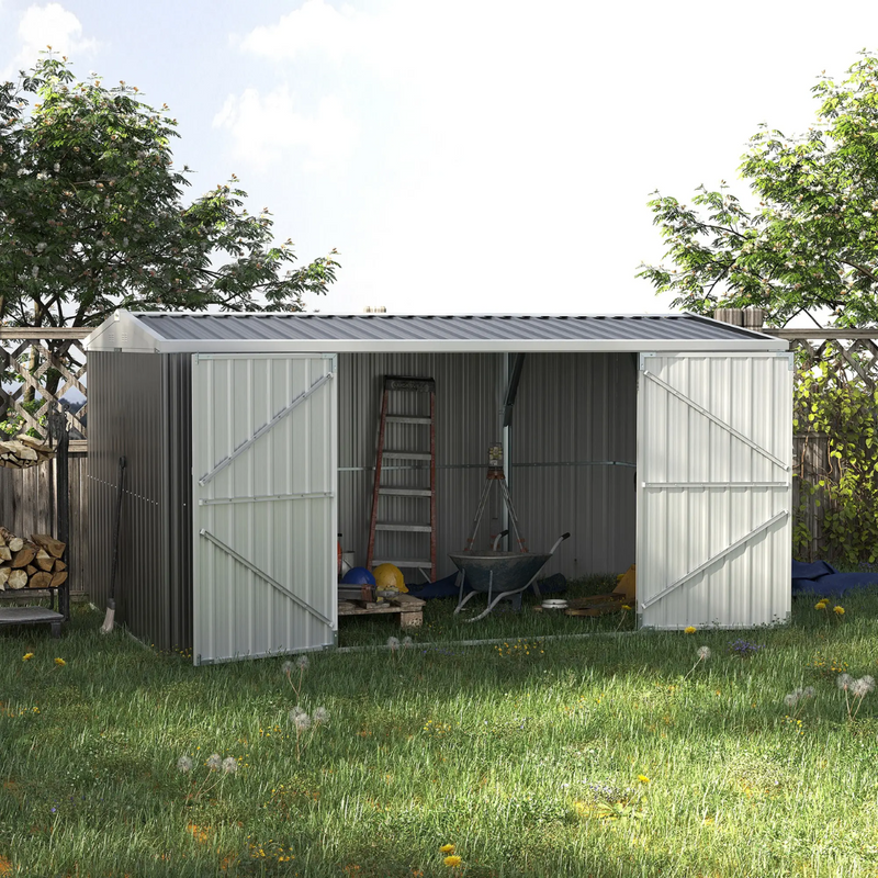 14' x 8' Outdoor Galvanized Steel Storage Shed with Double Swing Door and Lock - Grey