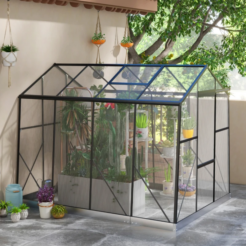 6' x 8' Walk-In Aluminum Frame Greenhouse, Polycarbonate Panels, Swing Door - Black