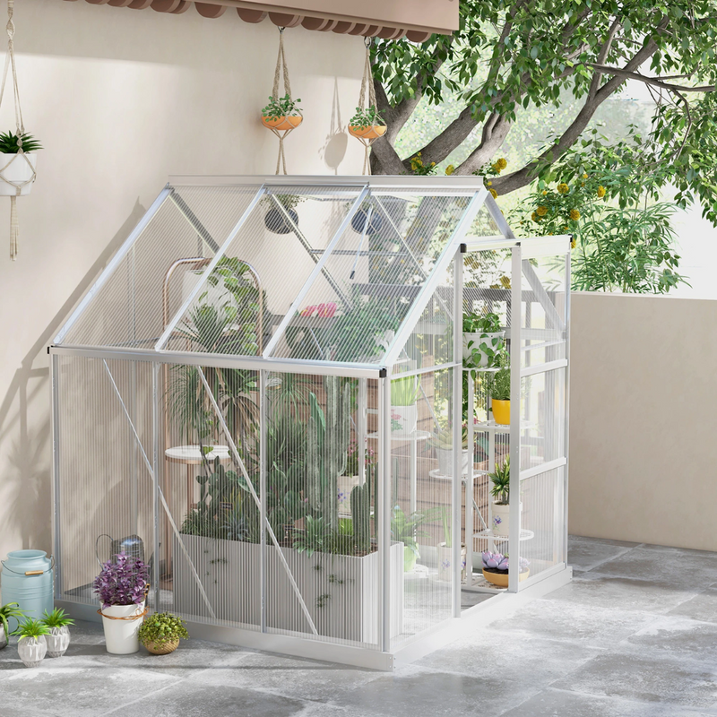 6' x 6' Walk-In Aluminum Frame Greenhouse, Polycarbonate Panels, Sliding Door - Silver