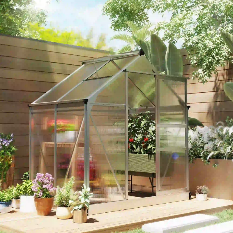 6.2' x 4.3' Walk-In Greenhouse with Aluminum Frame, Polycarbonate Panels and Sliding Door - Silver