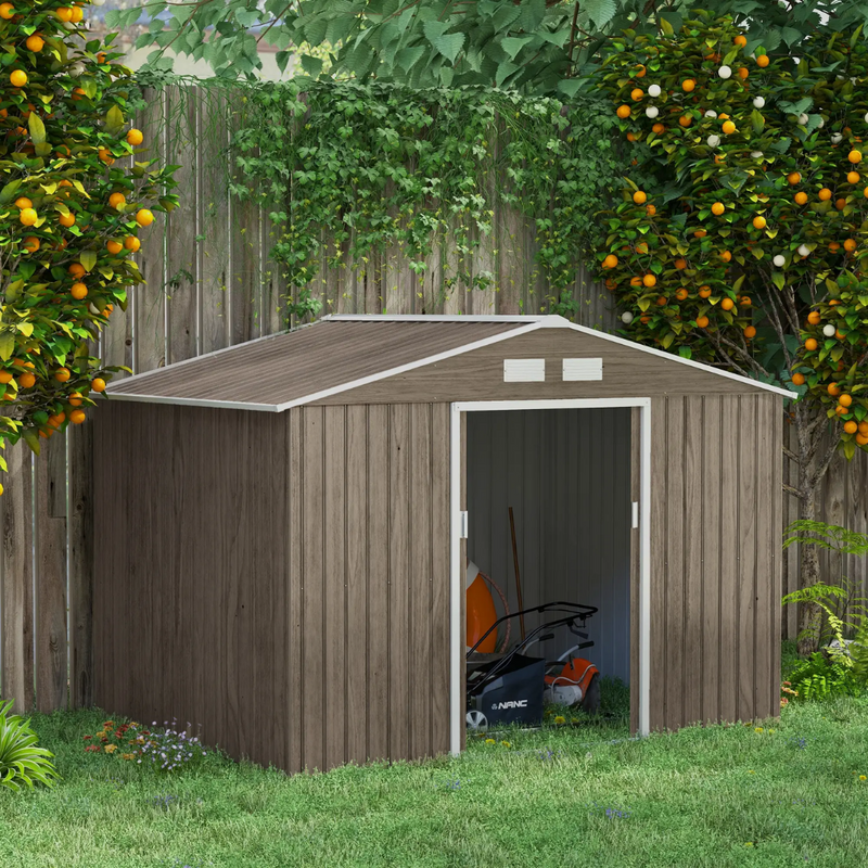 9' x 6.4' Outdoor Garden Storage Shed with Dual Sliding Doors - Brown Wood Grain