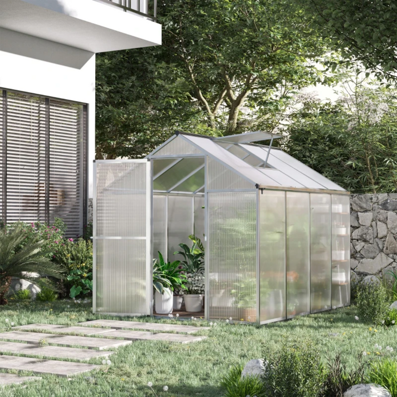 8' x 6' Walk-In Aluminum Frame Greenhouse with Polycarbonate Panels, Swing Door - Silver