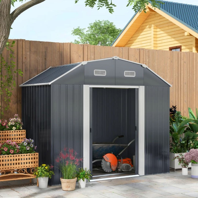 8' x 4' Galvanized Outdoor Garden Storage Shed with Shelving - Grey