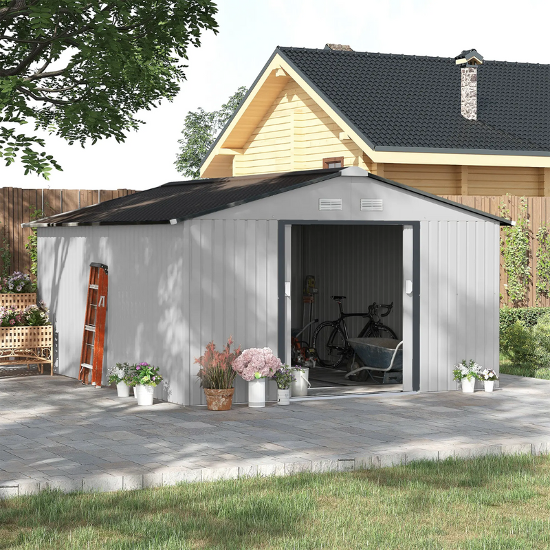 11.2' x 12.5' Large Garden Storage Shed with Dual Sliding Doors - Silver Grey