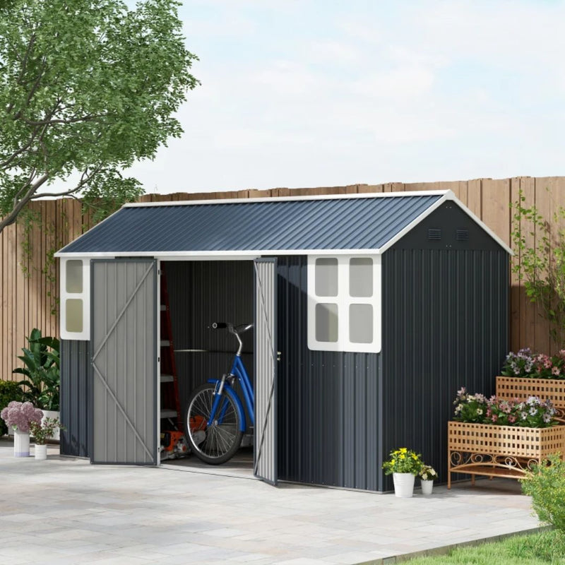 12' x 5.5' Outdoor Garden Storage Shed with 2 Swing Doors and Windows - Dark Grey