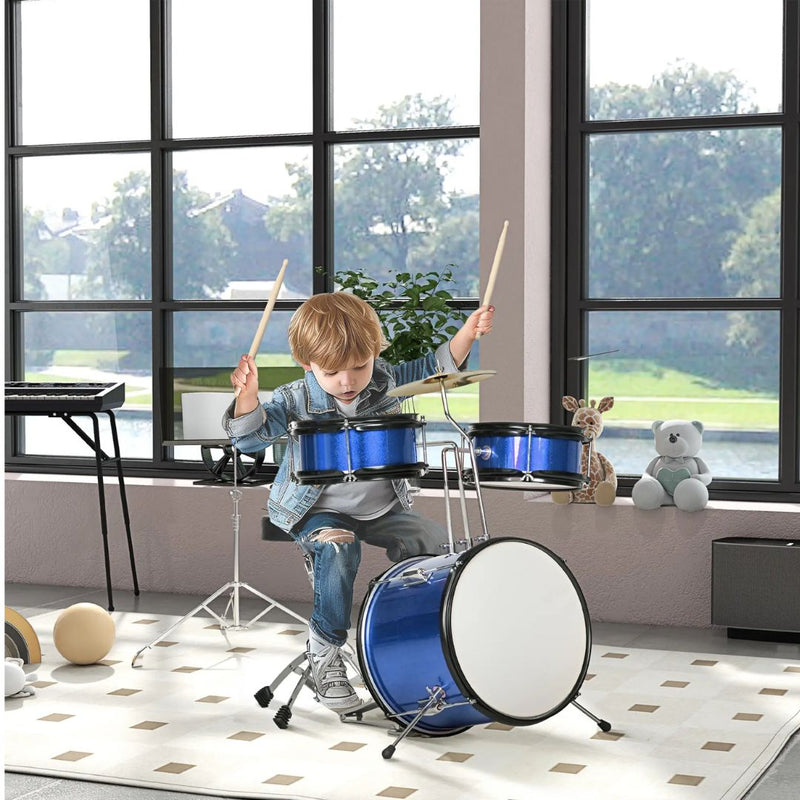 7pc Beginner Blue Drum Set for Kids with Thrown, Cymbal, Pedal and Drumsticks