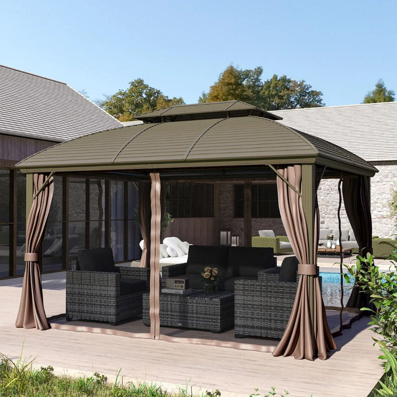 Gazebos, Umbra Valley 10' x 12' Hard Top Gazebo with Vented Steel Roof, Curtains and Mesh Sidewalls - Seasonal Overstock