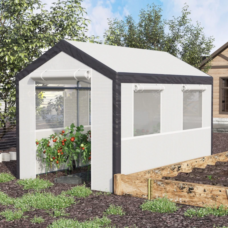 10' x 6.6' Heavy Duty Walk-In Plastic Cover Garden Greenhouse, Peaked Roof, Steel Frame, White