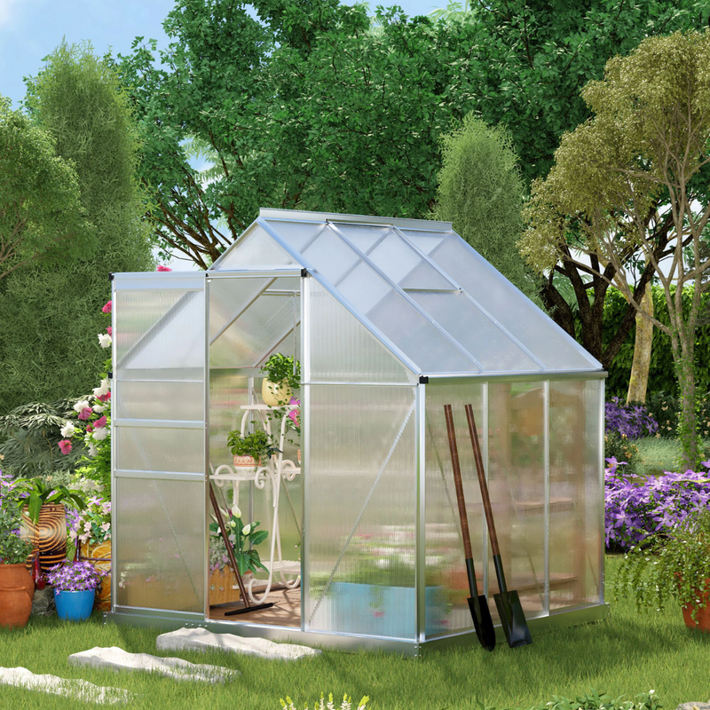 6' x 6' Walk-In Greenhouse with Aluminum Frame and Polycarbonate Panels, Sliding Door - Silver