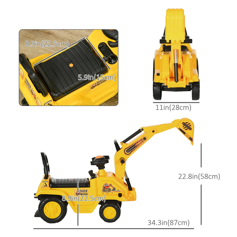 3-in-1 Ride-On Toy Excavator Digger Self-Push Car for Kids for 18 Months and Up