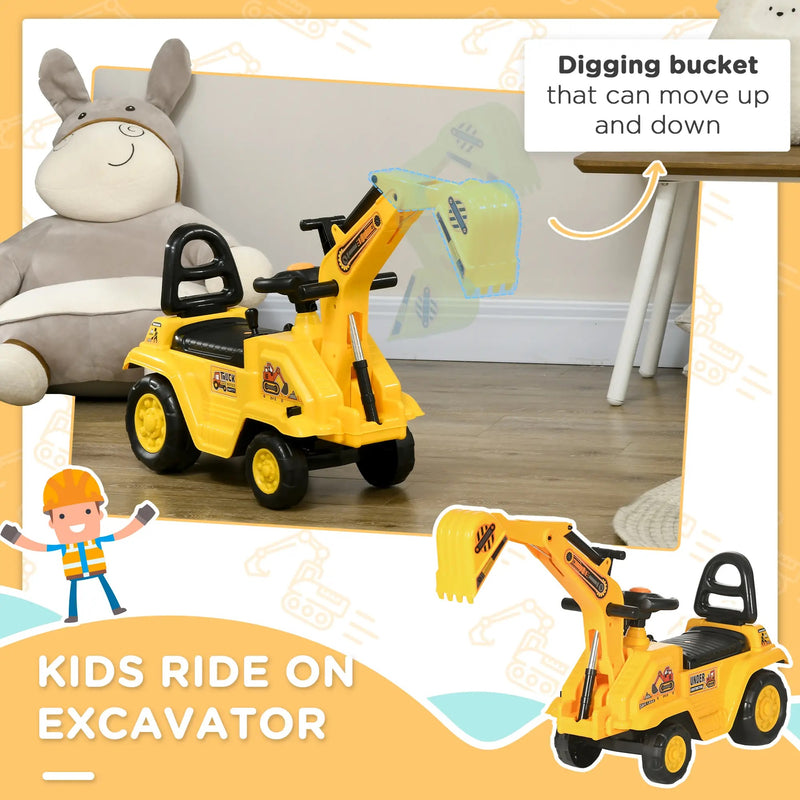 3-in-1 Ride-On Toy Excavator Digger Self-Push Car for Kids for 18 Months and Up