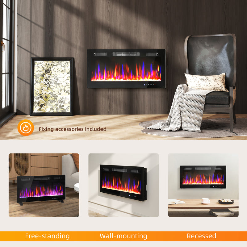 36" Thin Profile Electric Fireplace, 1500W Heater, Wall Mounted or Freestanding Type with Remote and Timer