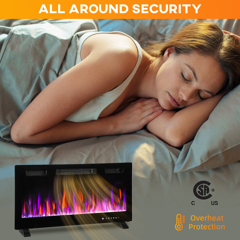 36" Thin Profile Electric Fireplace, 1500W Heater, Wall Mounted or Freestanding Type with Remote and Timer