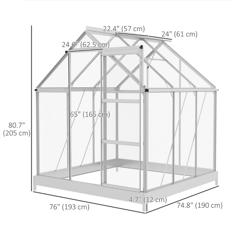 6' x 6' Walk-In Aluminum Frame Greenhouse, Polycarbonate Panels, Sliding Door - Silver