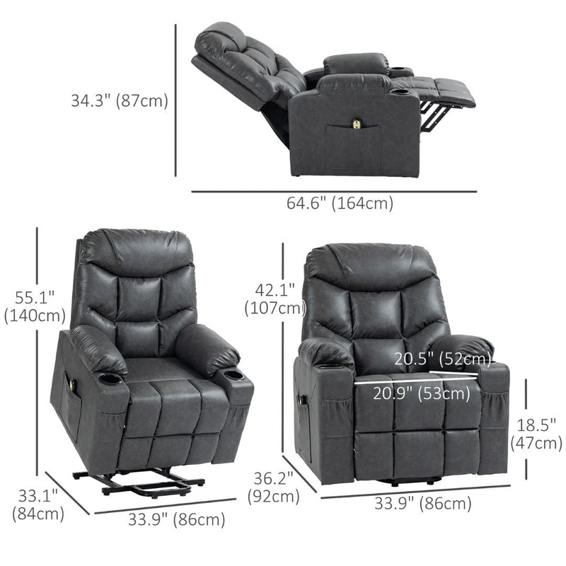 Braxton Bay Electric Lift Assist Recliner Chair with Cup Holders and Remote in Grey Faux Leather