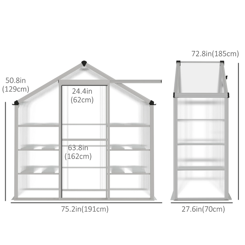 6.3' x 2.3' Walk-In Aluminum Frame Greenhouse with 3 Tier Shelving - Silver