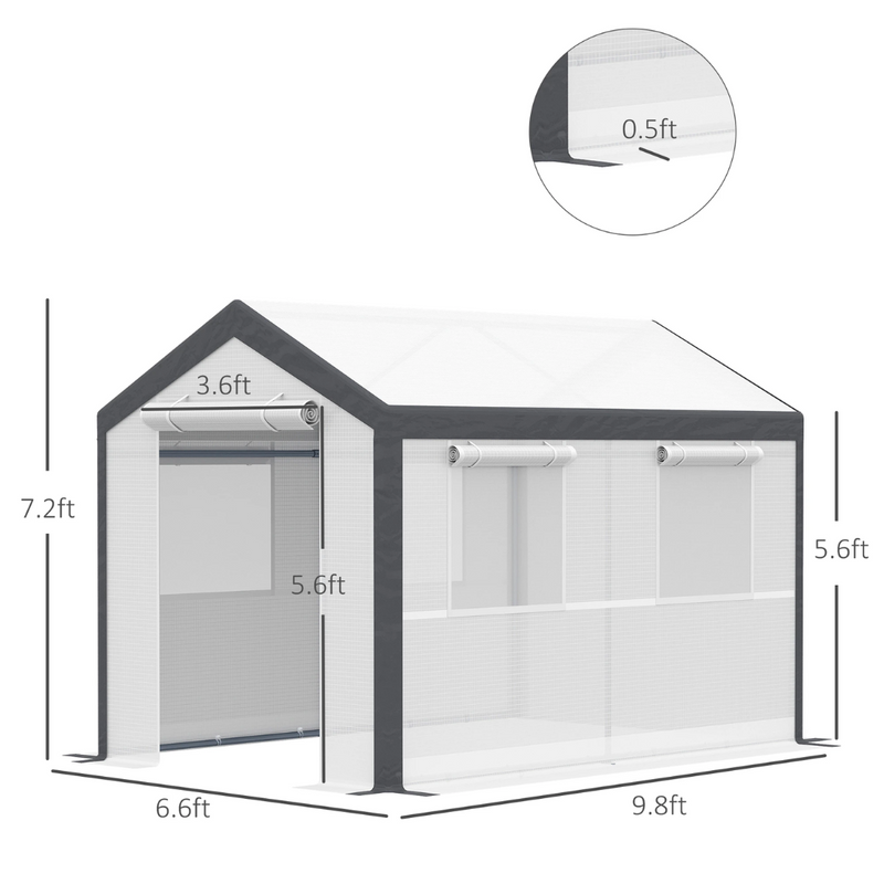 10' x 6.6' Heavy Duty Walk-In Plastic Cover Garden Greenhouse, Peaked Roof, Steel Frame, White