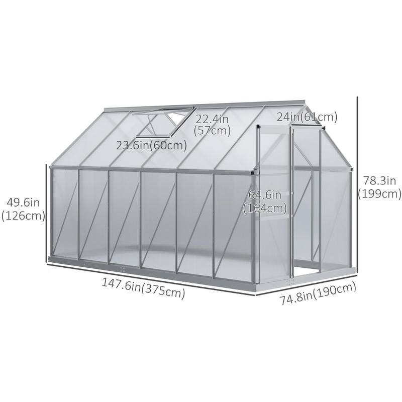 6' x 12' Large Walk-In Greenhouse with Aluminum Frame and Polycarbonate Panels, Sliding Door - Silver