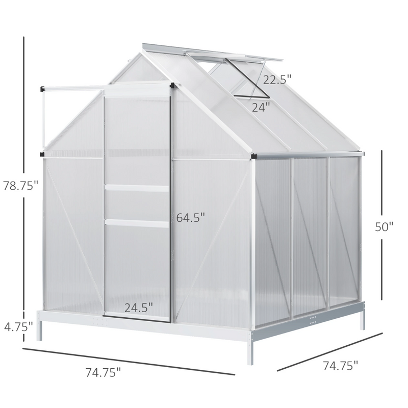 6' x 6' Walk-In Greenhouse with Aluminum Frame and Polycarbonate Panels, Sliding Door - Silver