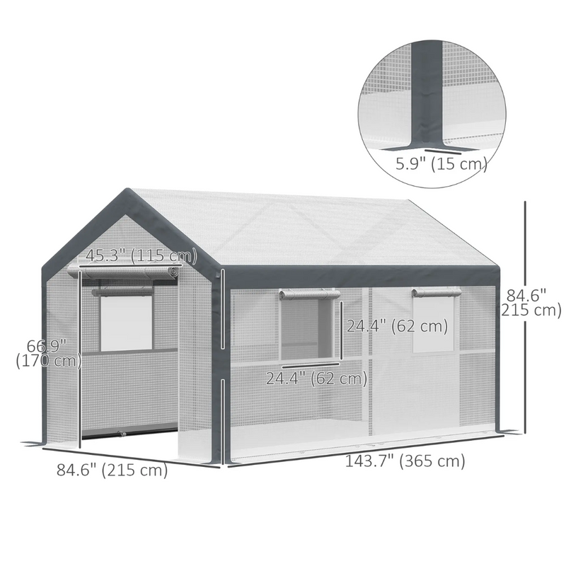 12' x 7' Heavy Duty Walk-In Plastic Cover Garden Greenhouse, Peaked Roof, Steel Frame, White